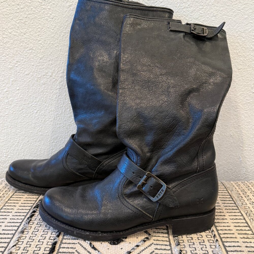 FRYE AND CO. Black Leather Mid-Calf Harness Boots - Picture 2 of 5